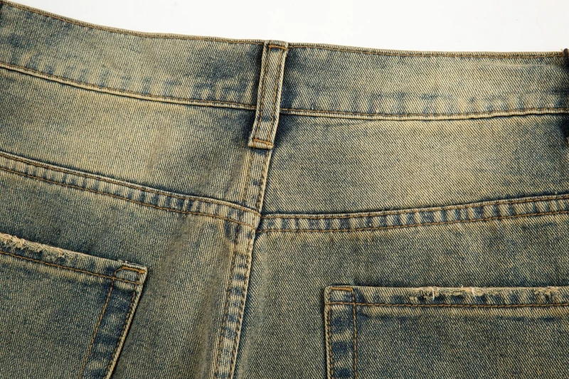 Vintage übergroße Split Deconstructed Herren breite Jeans Baggy Yellow Mud Dyed Washed Denim Jeans Cat Whisker Straight Denim Hose – Detail 22