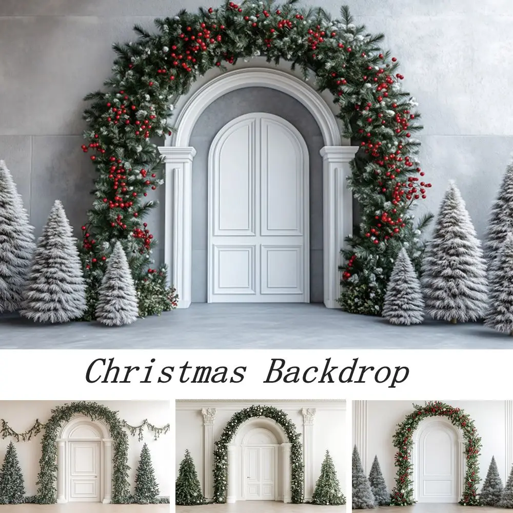 Christmas White Wall Arch Door Backdrop Pine Trees Interior Baby Kids Portrait Family Festival Party Photography Background