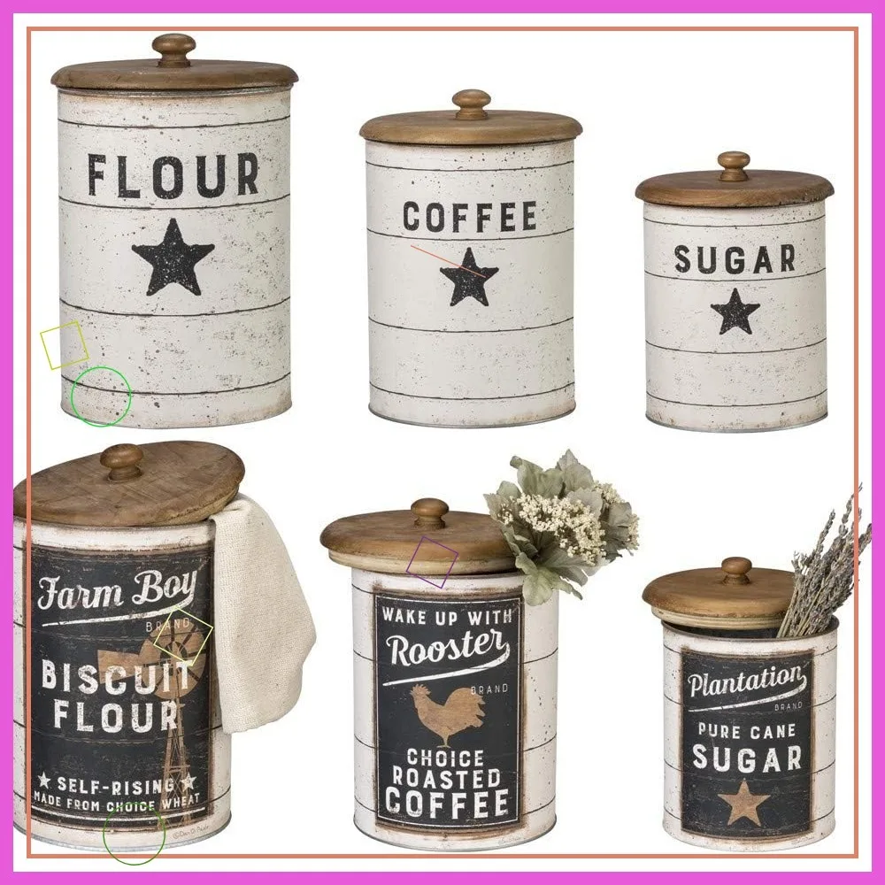 

Farmhouse Tin Canisters Set for Sugar Coffee Flour Storage Rustic Decor