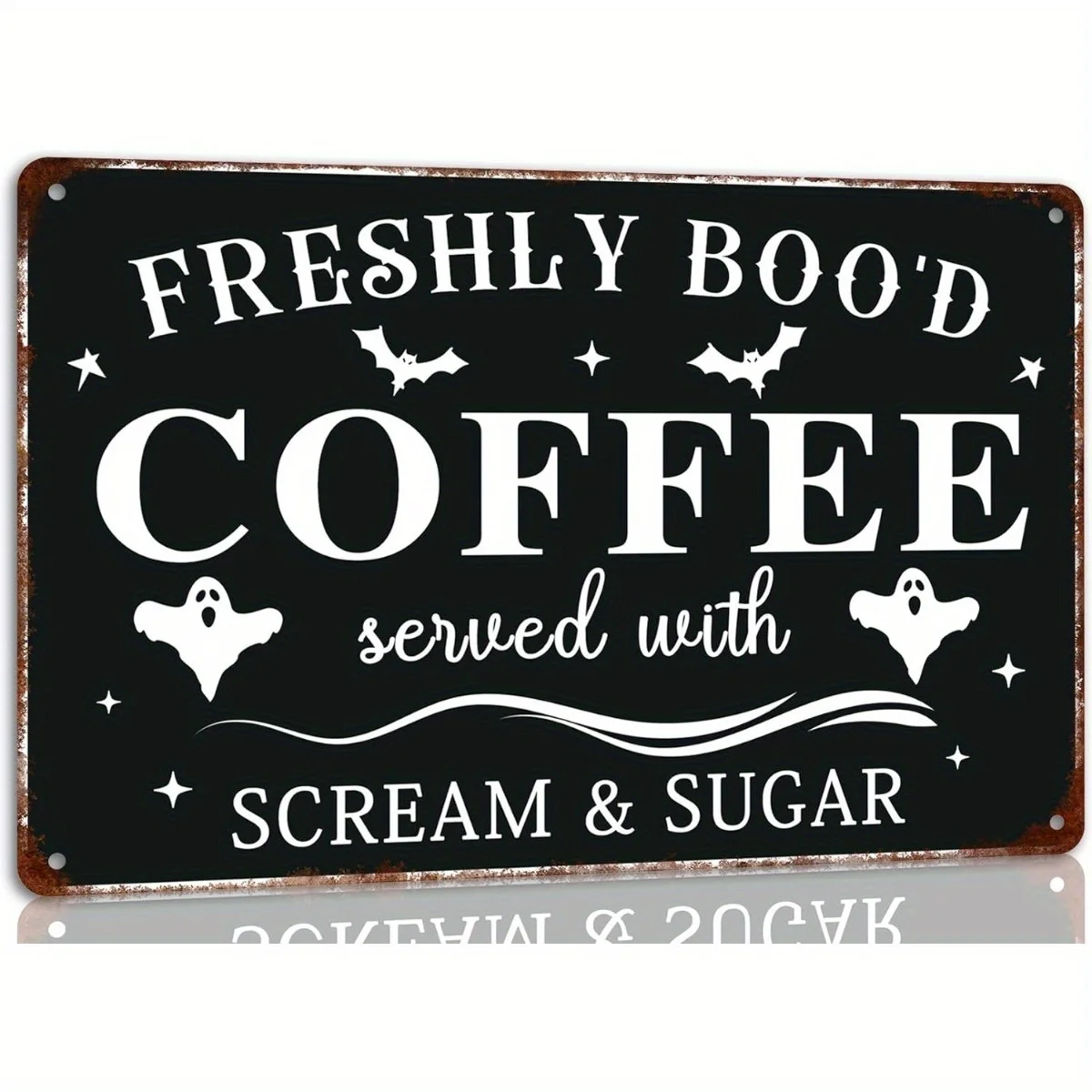 2D Flat Artistic Metal Signs for Halloween Coffee, Featuring a Vintage Grotesque Style. The Signs Read, 'Freshly Scared Coffee,