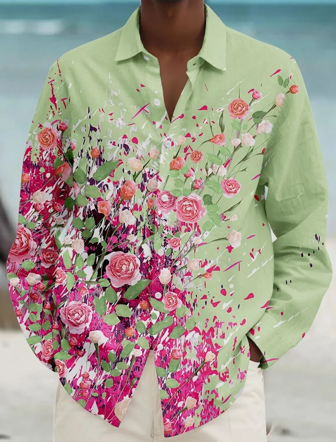 

3D Print Floral Hawaiian Casual Men's Button Up Shirt Beach Shirt Long Sleeve Daily Vacation Fall Spring & Summer Collared Shirt