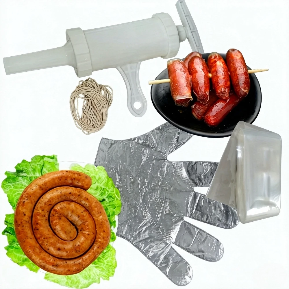 1Set Sausage Maker Stuffer Kit 5M Plastic Sausage Casing Width 50mm Casing for Sausages Funnel Gloves Rope Kitchen Tools Kit