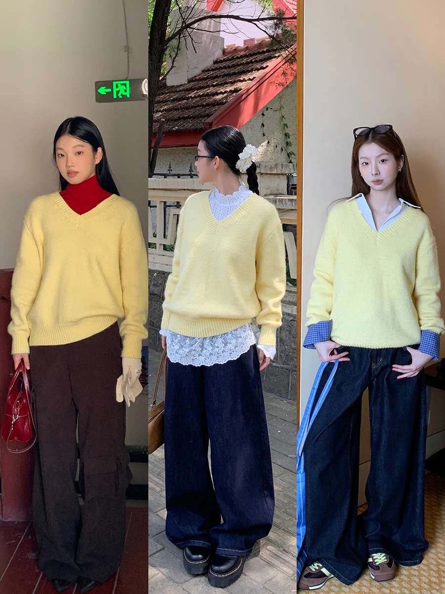 Laid-ba Sle femmes pull tricoté v-ne jaune sirène rétro sensation automne hiver nouveauté coupe confortable tricots