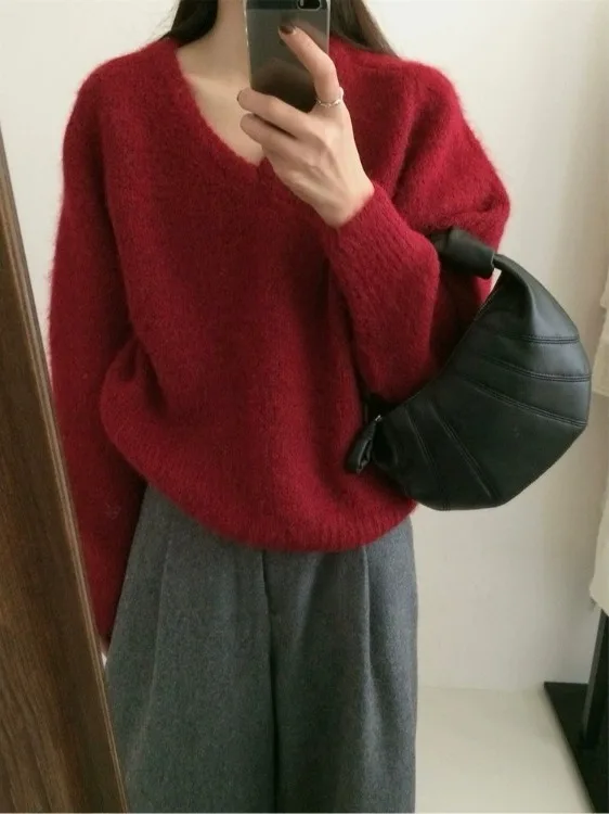 

Свободный женский свитер с v-образным вырезом в Корейском стиле, вязаный топ Lazy Faion, модный осенне-зимний новый поступление, удобный крой, длинный све