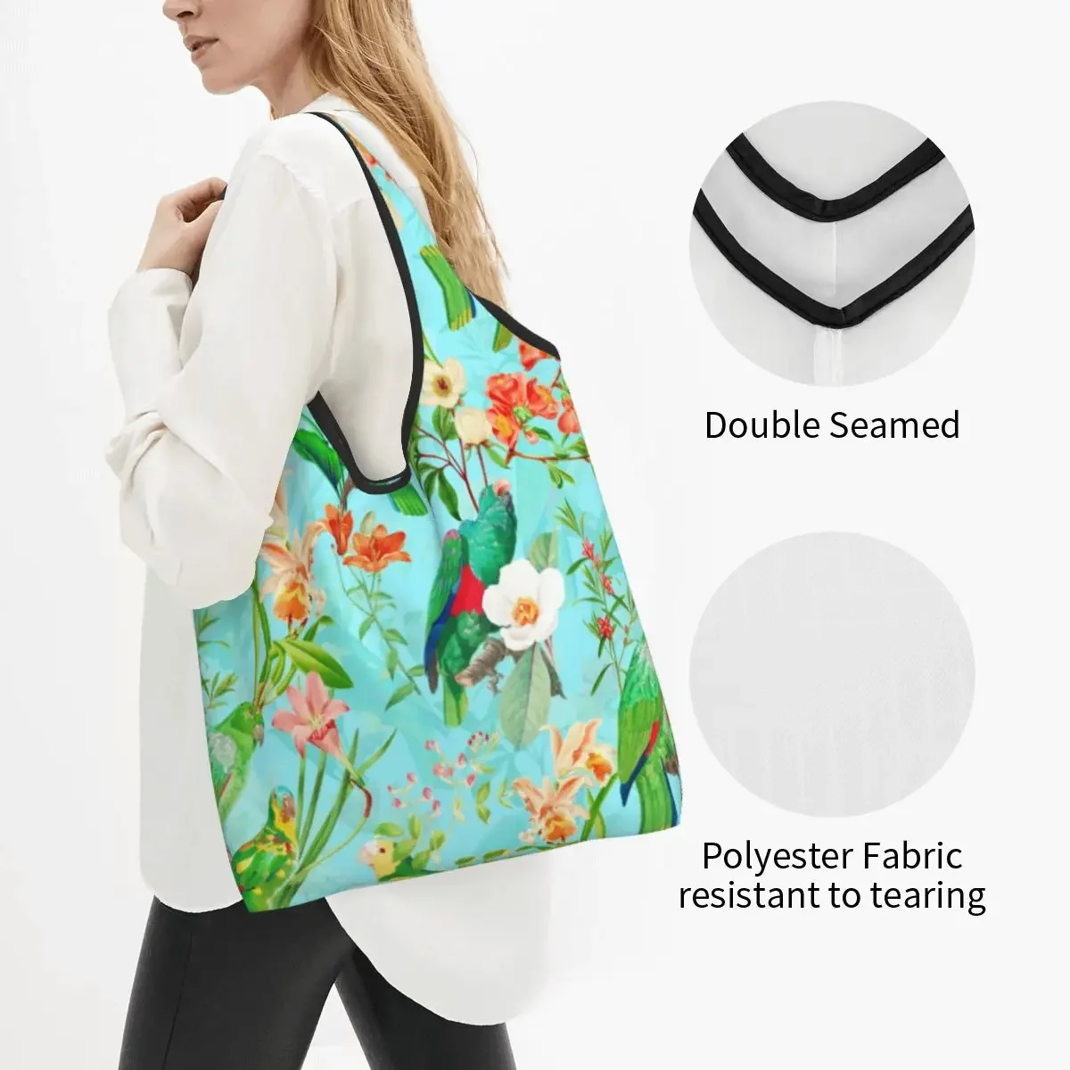 Custom Vintage Tropical Bird Jungle Garden Shopping Bags Portable Big Capacity Groceries Parrot Toucan Plant Tote Shopper Bags