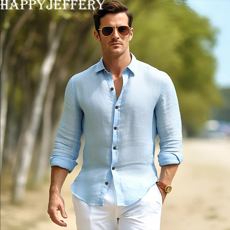 Happyjeffery Mens Casual Shirt Turn-down Henry Collar Men Long Sleeve Shirts 100% Cotton Man Designer Cloth S50