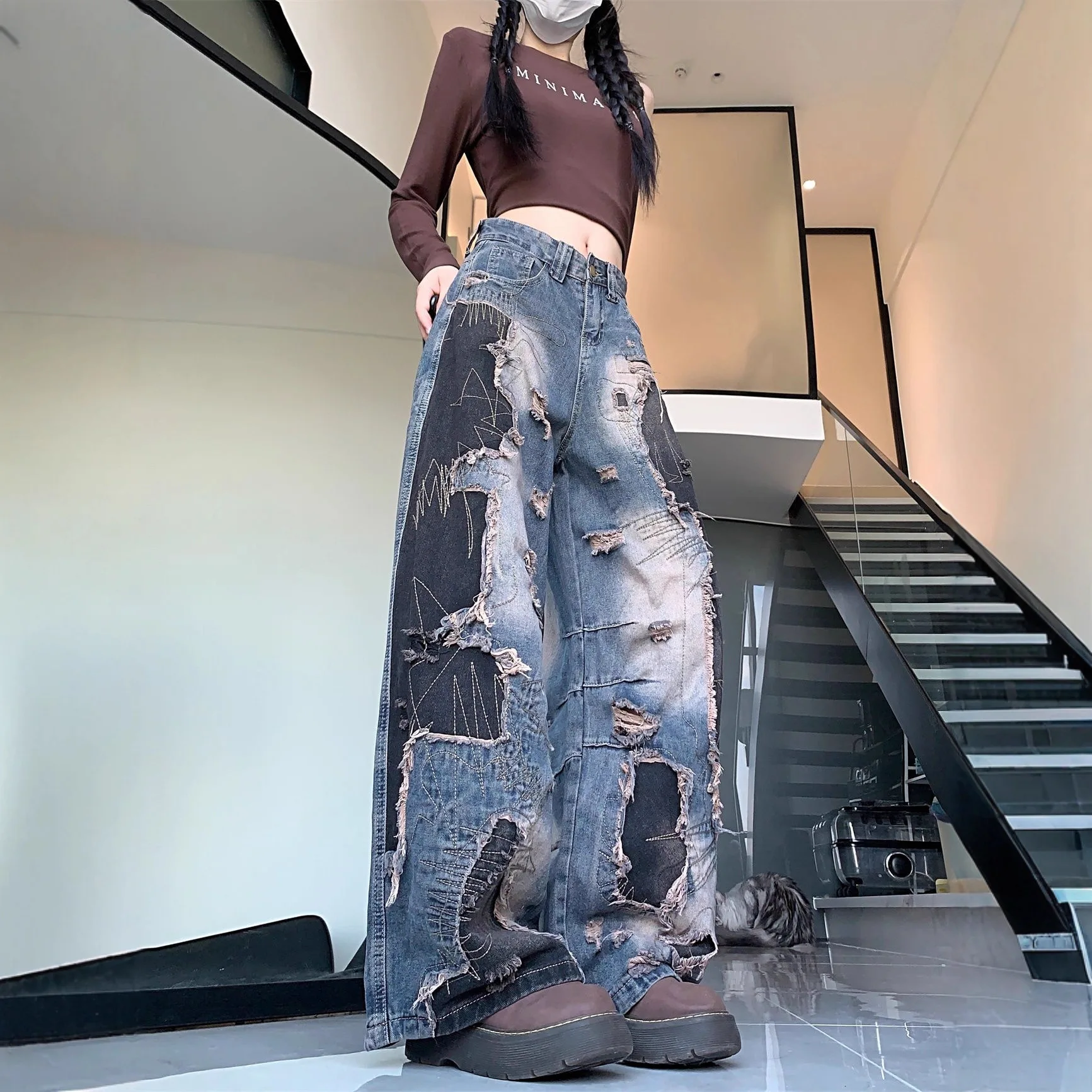 High Waist Jeans Women Patchwork Denim Pants Ripped Washed Wide Leg Streetwear Punk Hip Hop Style Trousers Ladies