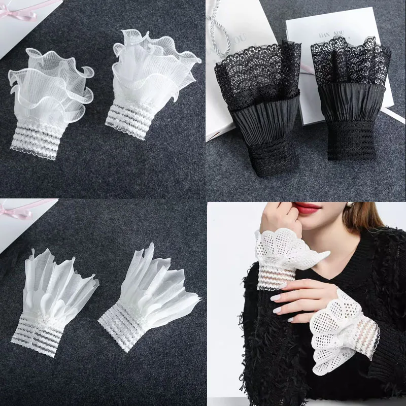 2023 DIY White Black Detachable Cuffs Cuff Extension Embroidery Lace Daisy Fake Sleeves Elastic Wristband Decorative Accessory