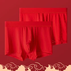 Men Chinese Style Red Underwear Modal Mid-waist Boxer Shorts Breathable Sexy Red Boxer Briefs Panties Men's Wedding Red Lingerie