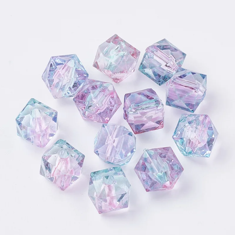 100pcs Two Tone Transparent Spray Painted Acrylic Bead Polygon Pink 7.5x8x8mm Hole: 1.8mm