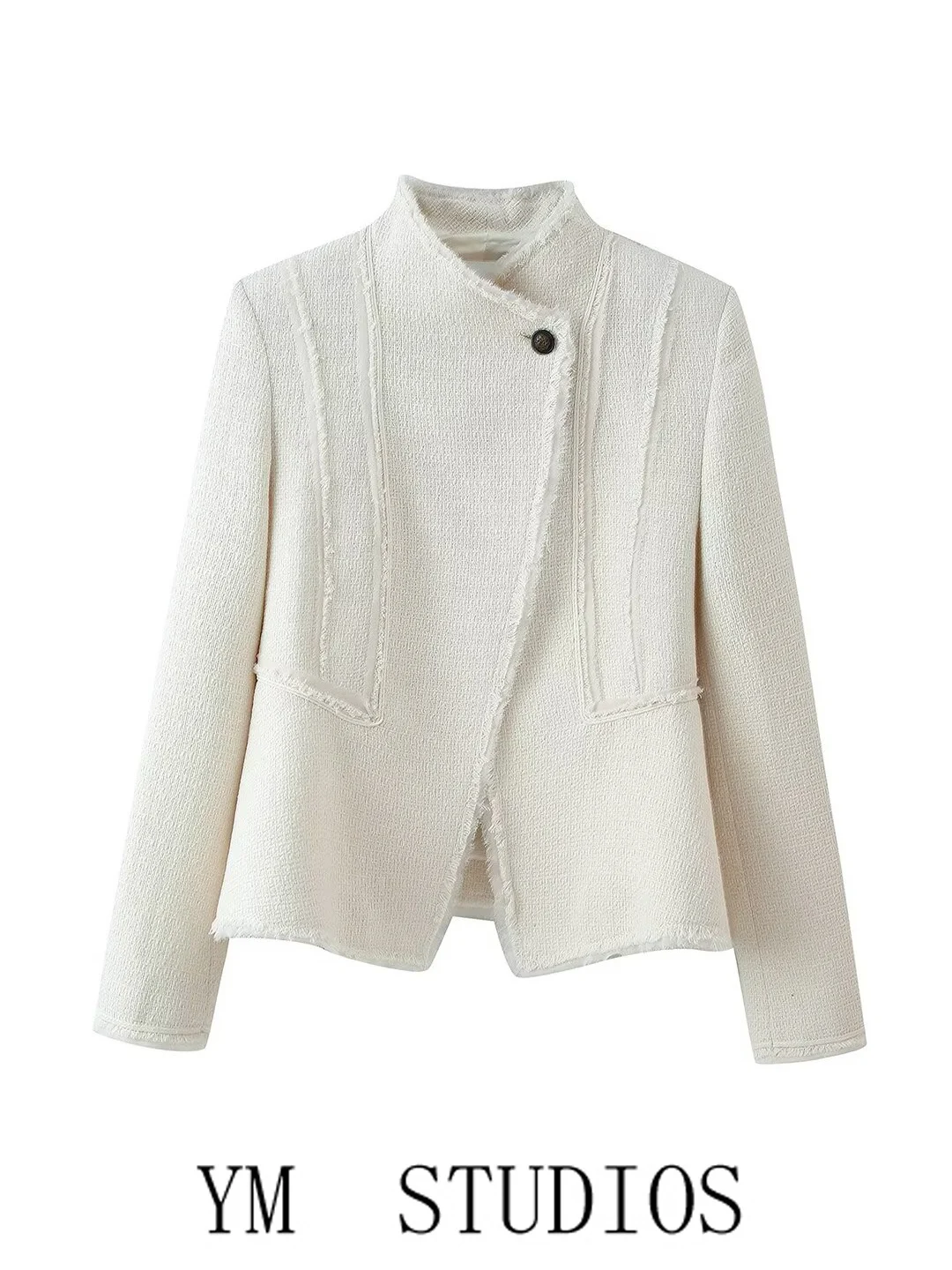 Ladies Short Coat White Frayed  Thick Weave One Button Stand Collar Elegant Suiting Polyester Fiber 100% Autumn Fashion