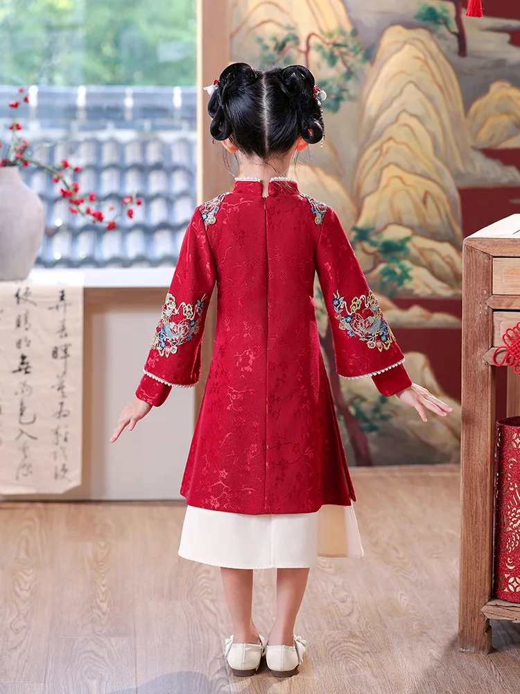 Robe de Bal pour Fille, Tenue de Soirée, de Mariage, à Fleurs, Tradition Alberoise, Cheongsam, Rouge, pour Nouvel An