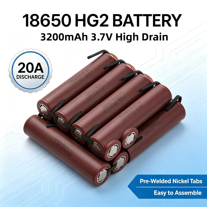 Batteria agli ioni di litio 18650 HG2 3200mAh 3.7V ad alta corrente 20A, con linguette in nichel pre-saldate, facile da assemblare per pacchi batteria fai-da-te, trapani elettrici e scooter.