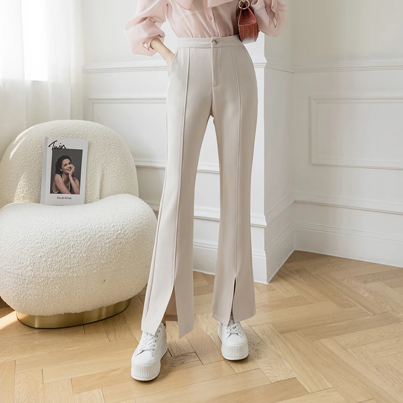 

Chic Ladies Wear Fit Split Hem Bell-bottoms Pants Women OL High Waist Zipper Fly Trousers Female Streetwear Clothes BPy3129