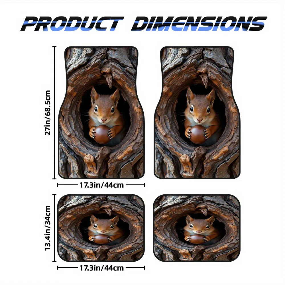 4pcs Squirrel Nature Closeup Portrait Vehicle Floor Mats For Minivans & SUVs - Durable Polyester, Easy Maintenance, Stylish Desi