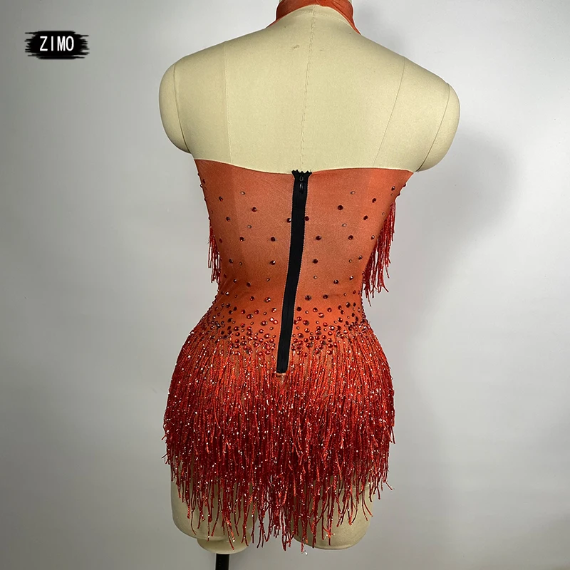 Sexy Nightclub Rhinestones Dance Bodysuits Women Elastic Tassel Latin Pole Dance red Leotard Showgirl DJ Stage Performance Wear