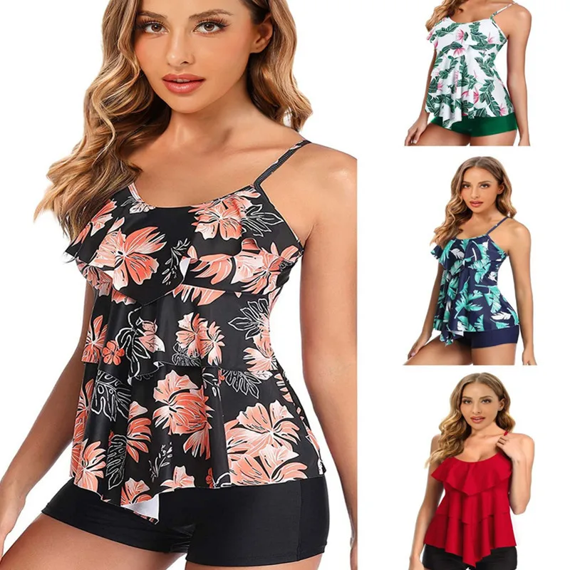

2025 new model, European and American conservative belly-covering swimsuit with ruffle edge split boxers two-piece swimsuit matu
