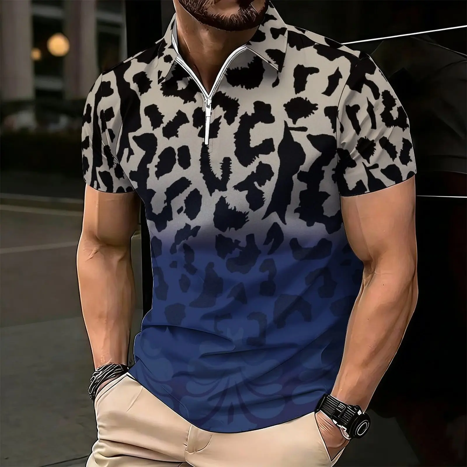 Men Print Half Zip Polo Shirt Short Sleeve Lapel Collar Casual Summer Mens Daily Tops