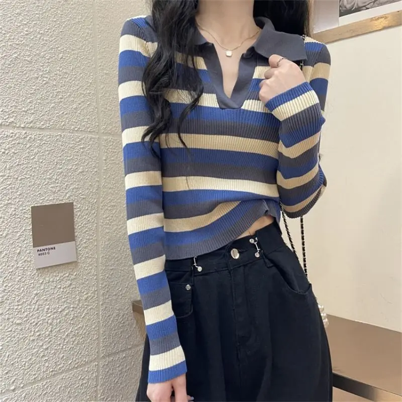 Striped Turn-down Collar Long Sleeve Pullovers Casual Office Lady T-Shirts Simplicity Slim Sweet Fashion Women\'s Clothing 2023