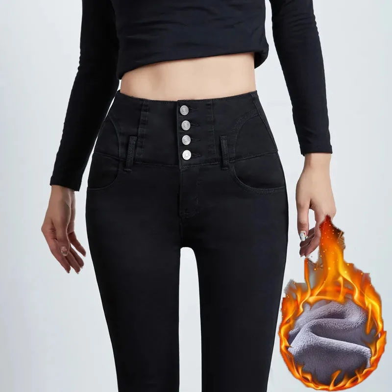 Women Skinny Leggings Vintage Plus Velvet Jeans Buttons High Waist Thicken Warm Pencil Vaqueros Smoky Gray Winter Denim Pants