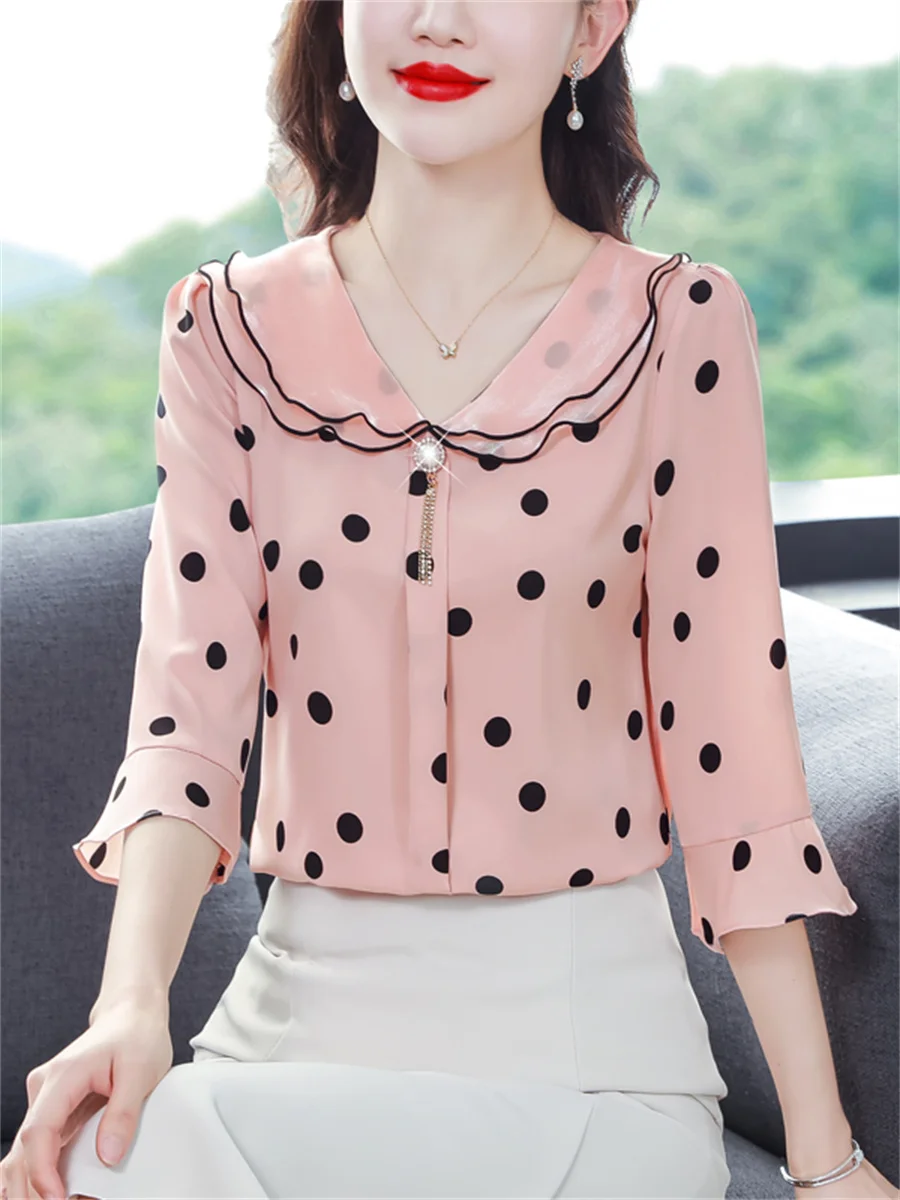 Women Spring Summer Blouses Shirts Lady Fashion Casual Half Sleeve Ruffles Collar Polka Dots Blusas Tops CT0216