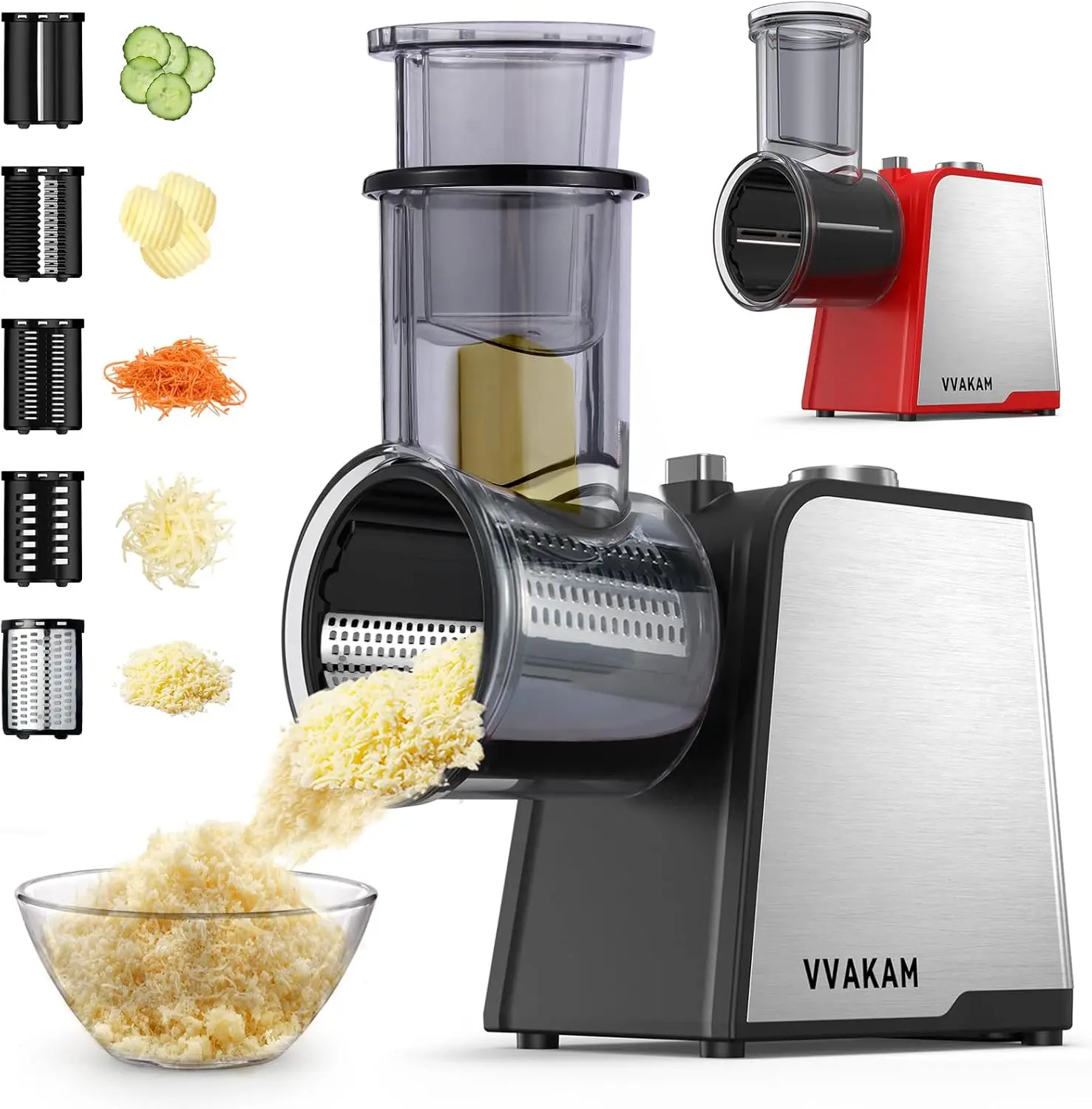 

5-in-1 Electric Cheese Grater, 300W Salad Maker, Kitchen Food Slicer Shredder for Vegetables and Nuts