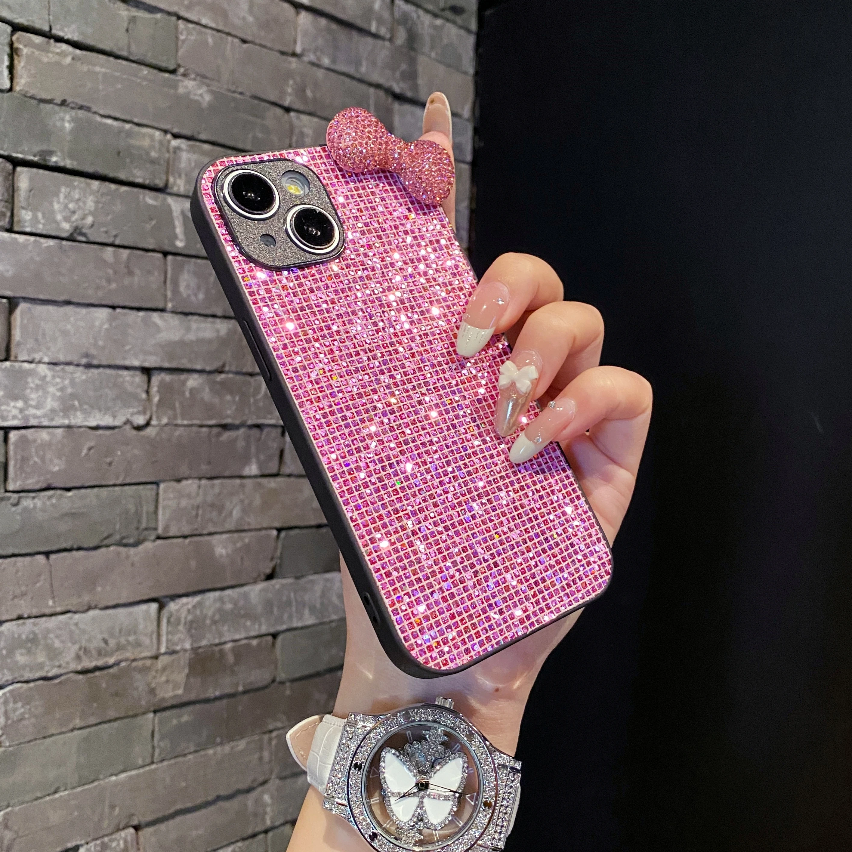 럭셔리 라인스톤 보우 그리드 패턴 글리터 폰 케이스 (아이폰 17, 16, 15, 14, 13, 12, 11 플러스, 프로, 맥스, 16E, 17 에어 블링 스팽글 커버)