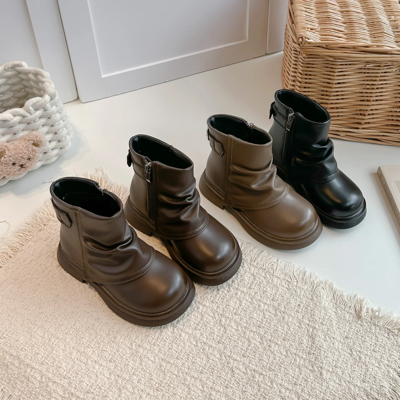 Kids'Boots Solid Color PU Leather Fashion Winter Shoes For Children Anti-slip Designer Warm Black Brown Shoes Size 26-37