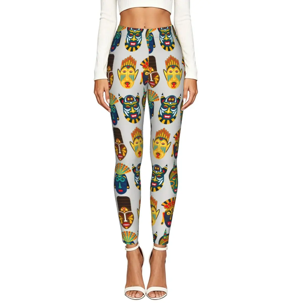 Ethnic Masks African Tribal Print Women Leggings High Waisted Stretch Tights Workout Running Pants
