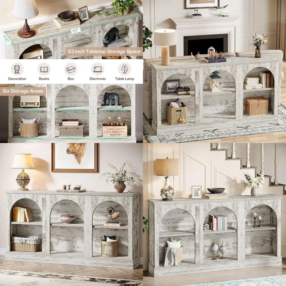 

63 Long 3-Tier Entryway Table, Wooden Sofa Table for Behind Couch, Distressed White