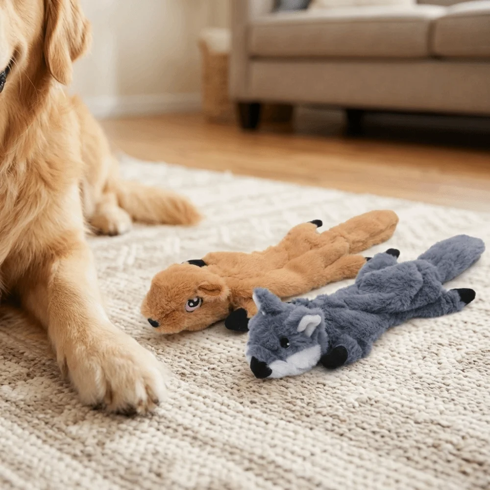 Soft Fleece Cover Dog Toy Cartoon Animal Shaped Mixed Bright Hues Squeaky Pet Toy No Inner Stuffing Moderate Pocket Size