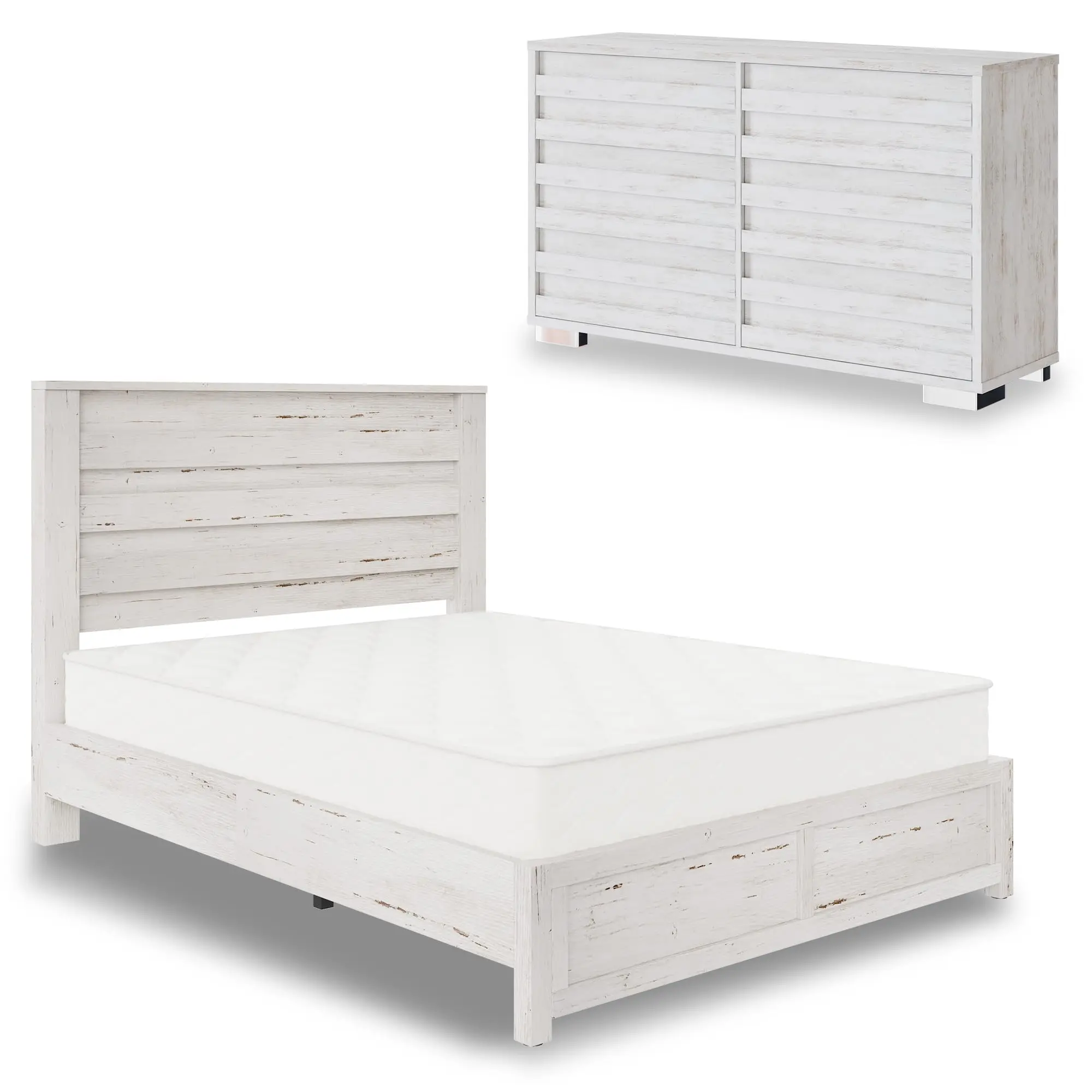 2-Piece Farmhouse Bedroom Set, Full Bed Fe and 6 Der Drer, Platform Bed with 49