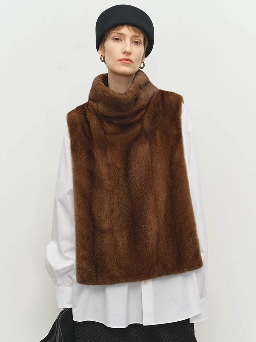 2026 Autumn Winter Women Faux Mink Fur Vest High Cowl Neck Sleeveless Plush Jacket Warm Outerwear Brown