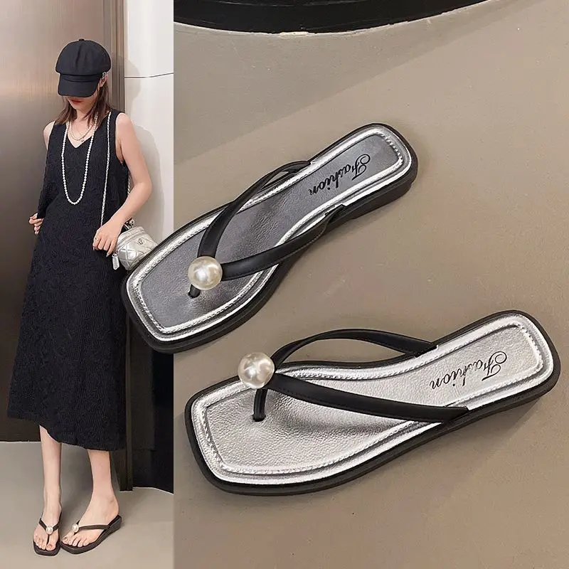 

2025 new summer women's artificial pearl flip flops for outdoor fashion beach sandals