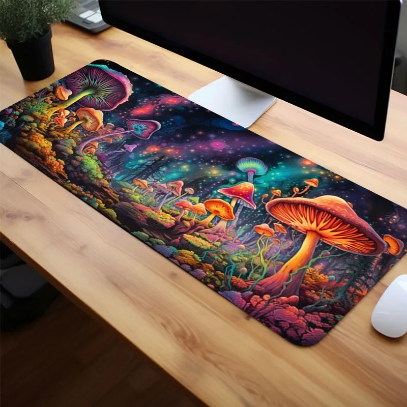 Grande mouse pad para jogos, cogumelo vibrante, base de borracha antiderrapante, colorido, 40x90, tapete para teclado de escritório com céu noturno fantasia