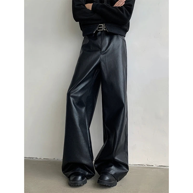 Men's Punk PU Leather Pants Black Wide-leg Zipper straight trousers Fashion Hipcool Windproof Mopping Trousers All-match view 5