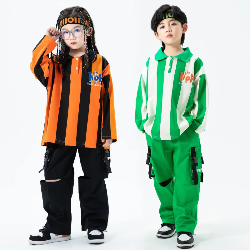 

Big Boys Girls Sets Long Sleeve Stripe Tshirt Children Streetwear Hip Hop Dance Clothing Kids Casual Fashion Tees Cargo Pants