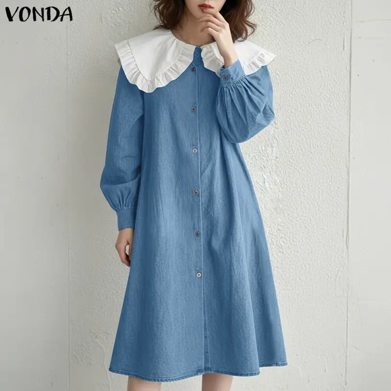 

Плюс размер 5XL VONDA Женское модное длинное платье-рубашка Осеннее платье с длинным рукавом и воротником Питера Пэна Вечерние платья Повседневное свободное элегантное платье