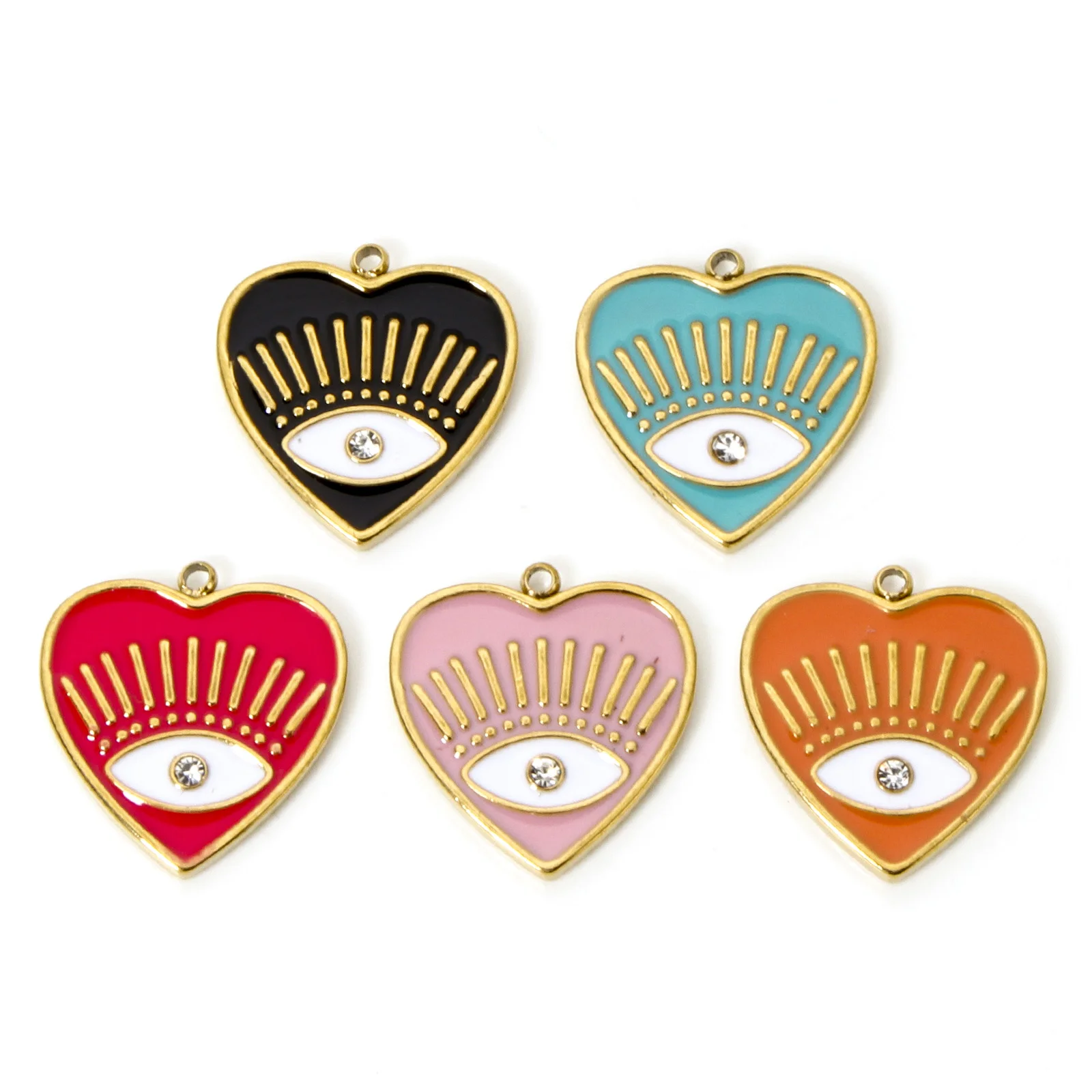 1pc 304 Stainless Steel Religious Charms 18K Gold Plated Multicolor Heart Eye Enamel Clear Rhinestone Pendant 19.5mm x 18mm