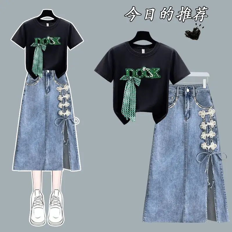 

Fashion suit women's summer new style niche design bow short sleeved top paired with high waisted nail bead denim skirt trendy
