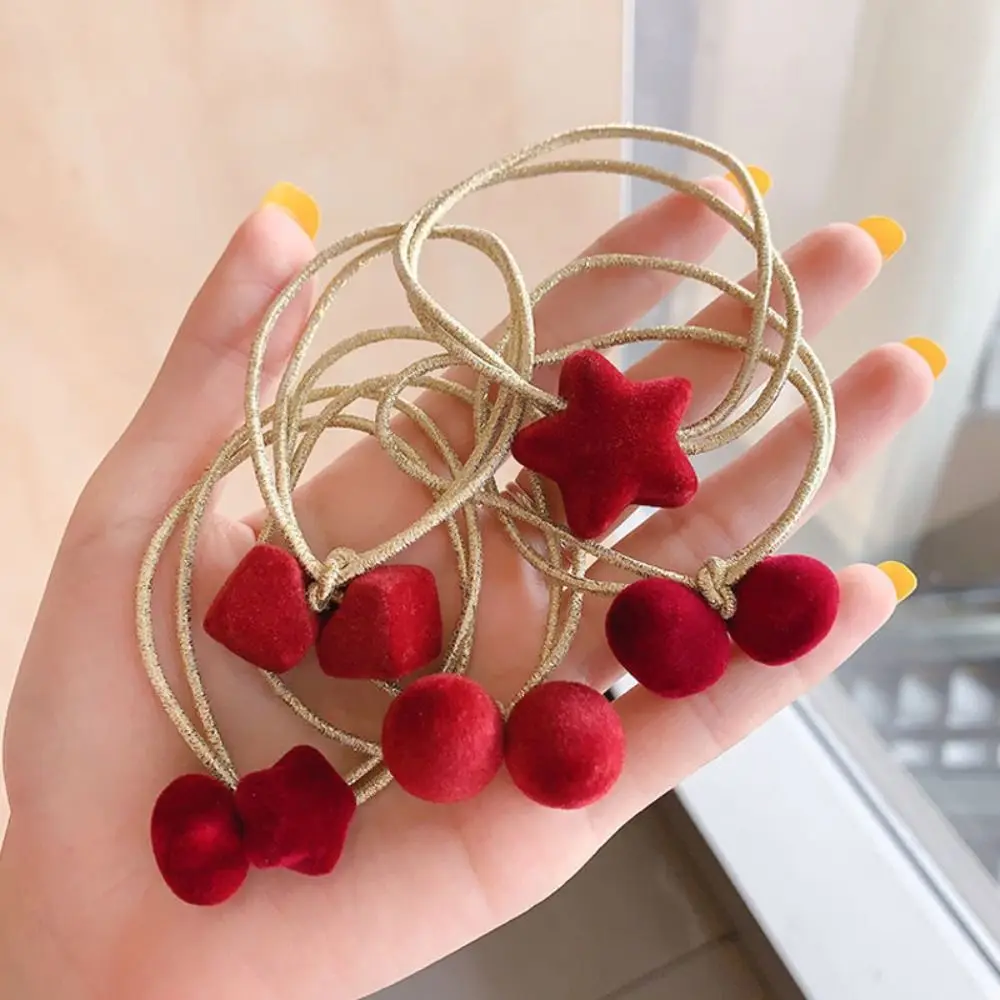 Gomas para el pelo de terciopelo rojo con forma de corazón y Estrella, cintas para el pelo, coleteros para la cabeza con albóndigas, tocado de goma elástico, accesorios para el cabello