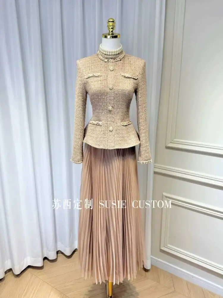 French Vintage Two Piece Set Women Coarse Woolen Jacket+high Waist A-line Mesh Pleated Skirt Elegant Outfits Female Office Suit