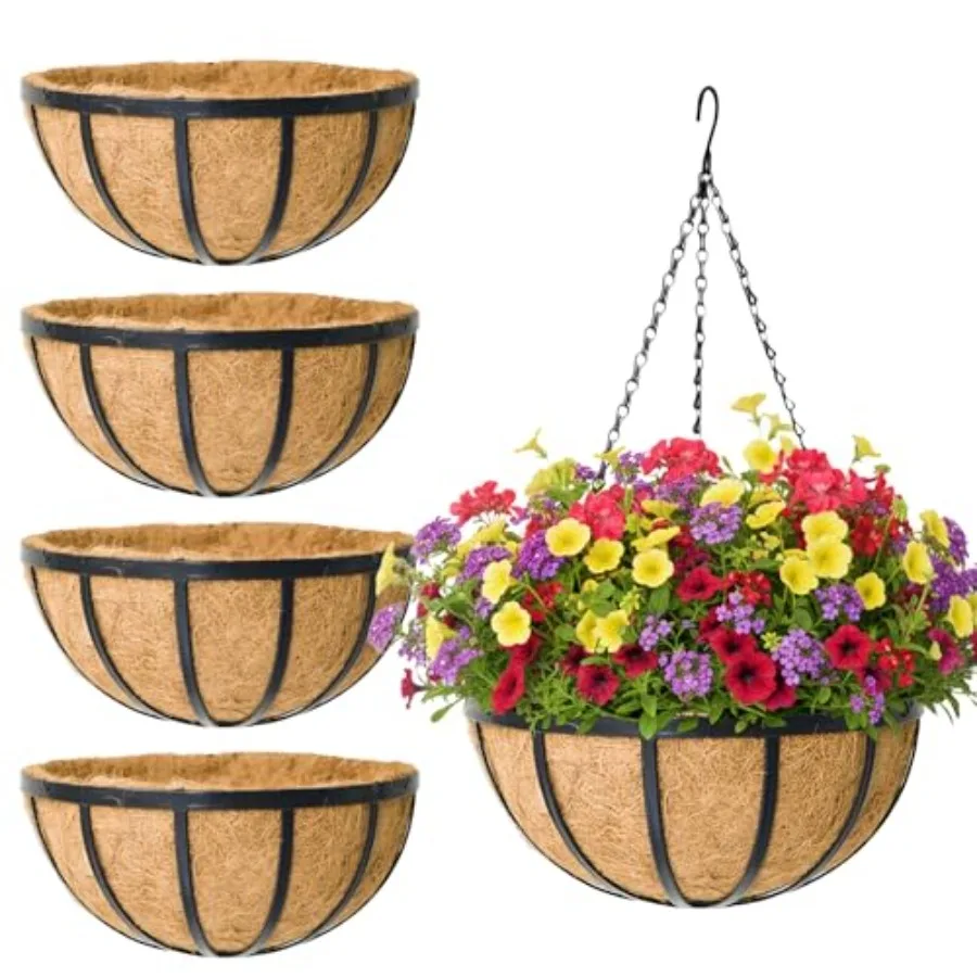 

Pack 1 Round Hanging Basket with Coco Liners Metal Hanging Baskets for Plants Outdoor Hanging Planter with Chain Garden Product