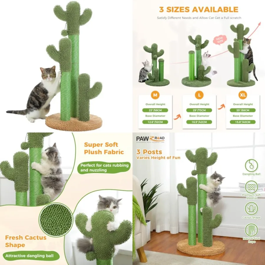

Cat Scratching Post Cactus Cat Scratcher Featuring with 3 Scratching Poles and Interactive Dangling Ball - 35 Inch