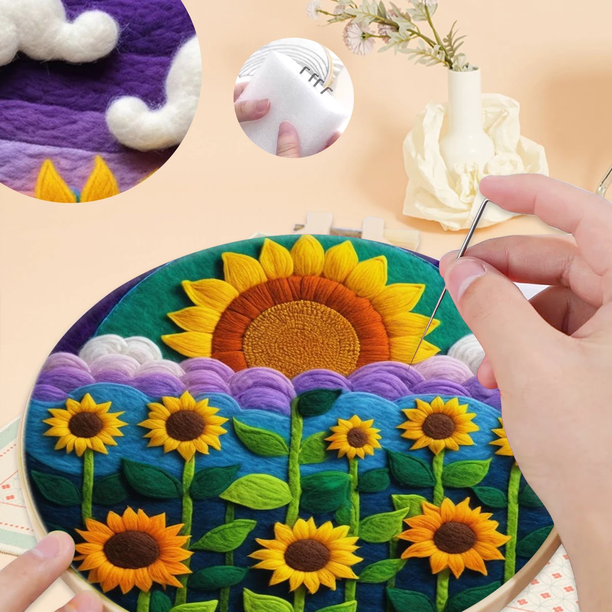 

SDOYUNO Wool Felt Painting Kit Sunflower scenery Wool For Felting Diy Creative Making Wool Felt Kit Handmade Wool Felting Tools