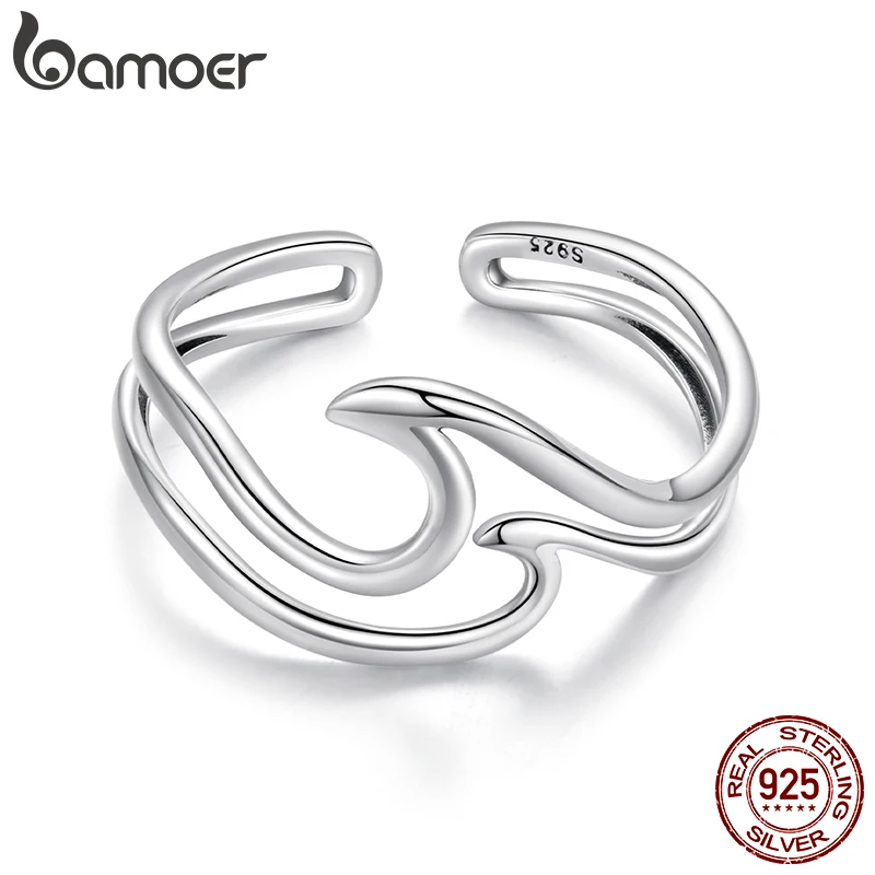 Bamoer 925 Sterling Silver Double layer Wavy V Style Band Rings Water Drop Open Ring Adjustable for Women Party Trend Jewelry