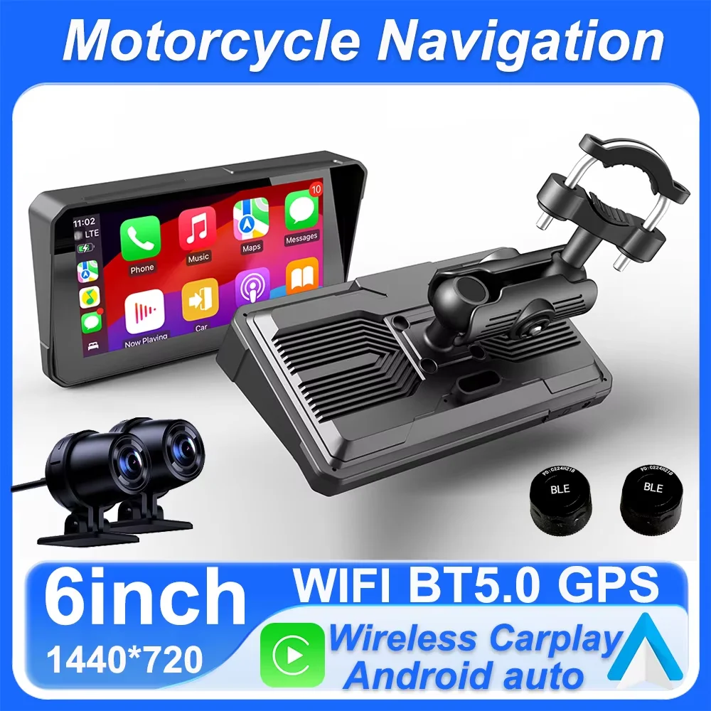 

6 inch Screen 1440*720P Motorcycle Navigation GPS Wireless CarPlay Android Auto Motorcycle GPS Motor DVR Monitor TPMS Optional