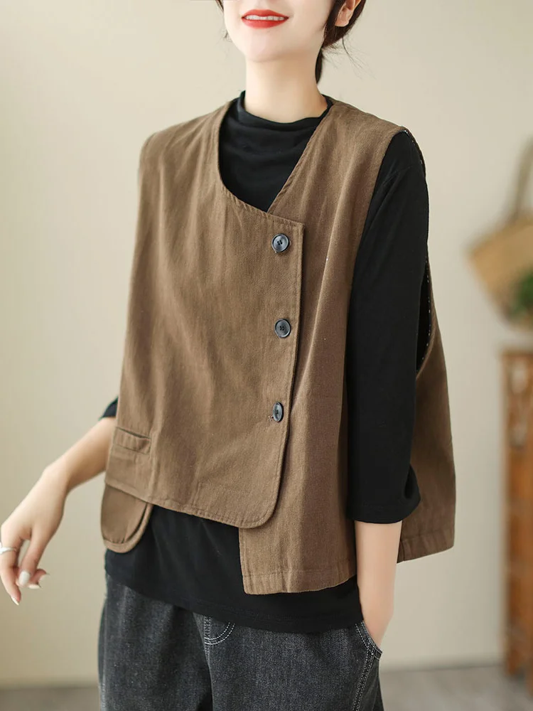 

Vintage Japanese Brand Women's Loose ort Svel Vest Jaet Cheered Cotton Button-Up Sle Casual Commute Design