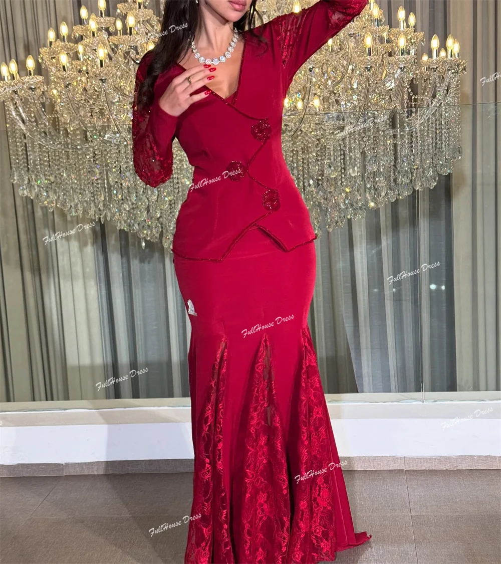 فستان سهرة أنيق مصنوع حسب الطلب برقبة على شكل حرف V فستان زفاف مثير بأكمام طويلة مع دانتيل بطول الأرض فيستدوس دي