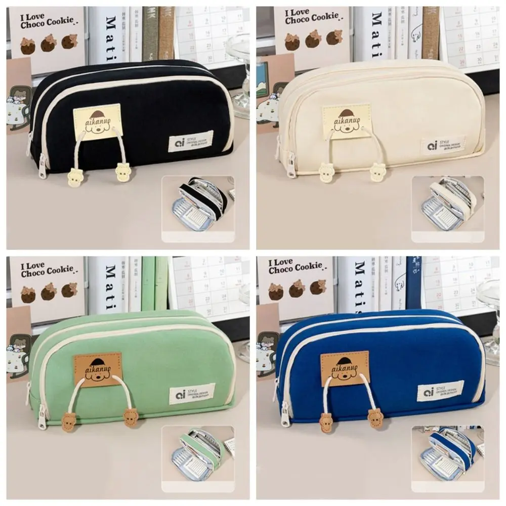 Bolsa de papelaria de lona de armazenamento de mesa estilo coreano grande capacidade multi camada saco de lápis estético filhote de cachorro lápis bolsa escola